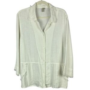 By JJ 100% Linen Stylish White Linen Blouse with Fringe Detail Size Large